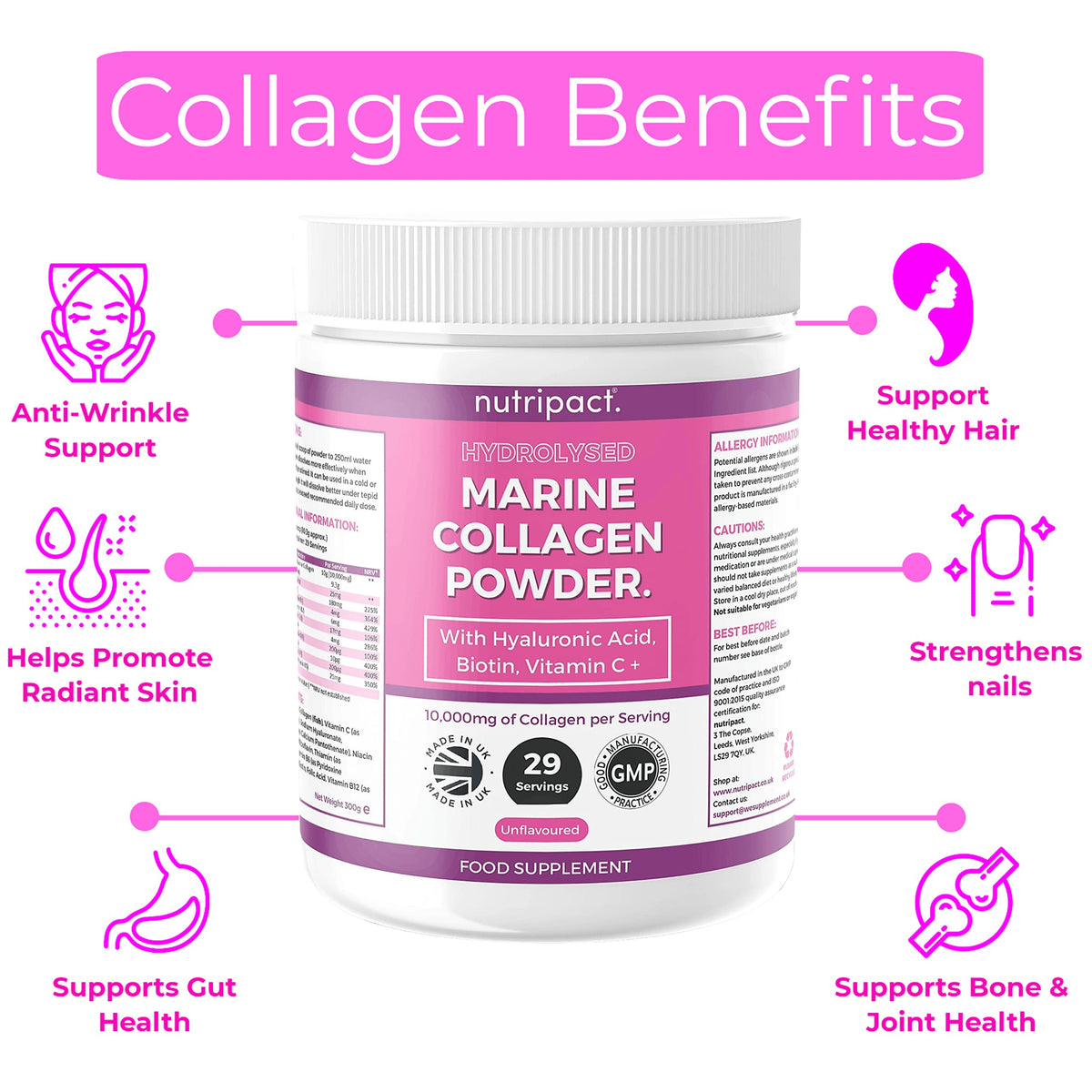 Hydrolysed Marine Collagen Peptides Powder with Hyaluronic Acid, Biotin, Vitamin C & B Vitamins – 10,000mg Collagen nutripactBuy Supplements Australia