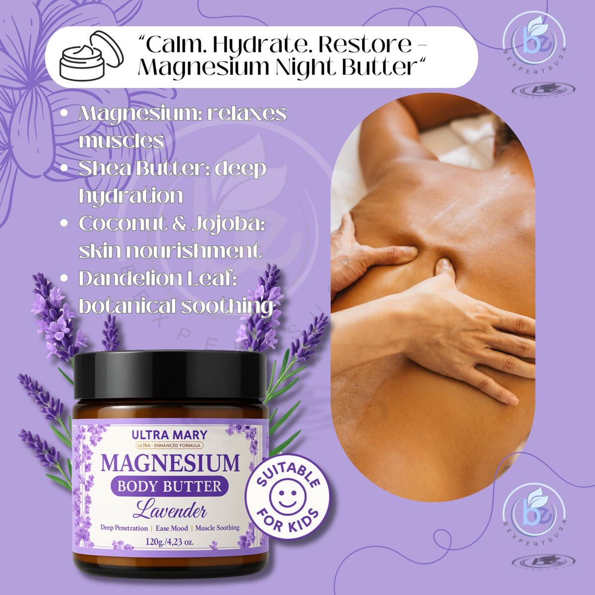 Nighttime Magnesium Cream for Pain, Nerve & Leg Cramps - Magnesium Body Butter for Sleep with Shea Butter, Jojoba Oil, Coconut Extract & Dandelion - Lavender Magnesium Lotion for Kids - 4.23oz ULTRA MARYBuy Supplements Australia