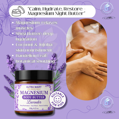 Nighttime Magnesium Cream for Pain, Nerve & Leg Cramps - Magnesium Body Butter for Sleep with Shea Butter, Jojoba Oil, Coconut Extract & Dandelion - Lavender Magnesium Lotion for Kids - 4.23oz ULTRA MARYBuy Supplements Australia