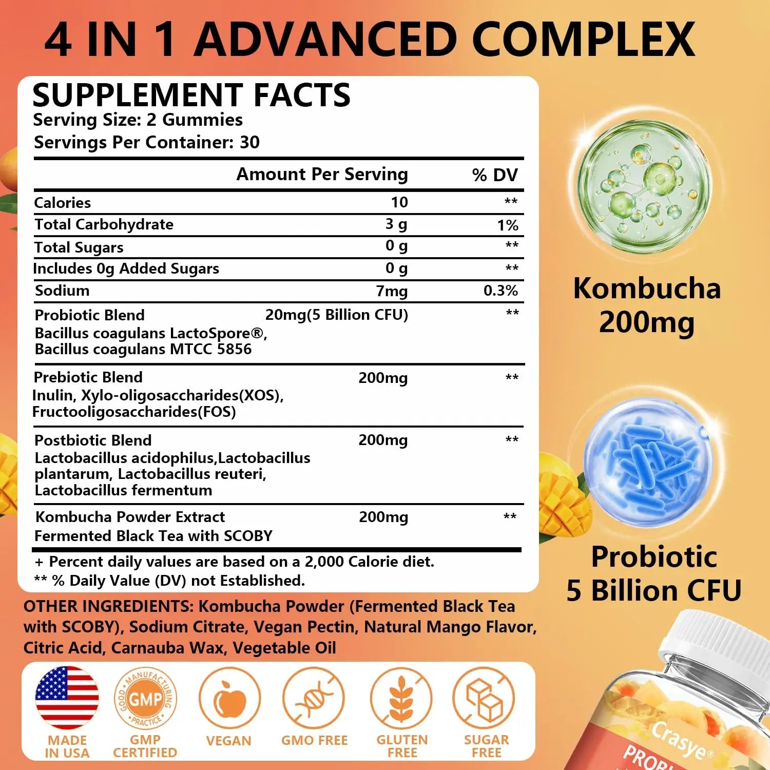 Crasye Probiotic Kombucha Gummies Sugar Free Prebiotic Postbiotic Probiotics Gummy for Women and Men Bloating Gut Health Immune and Digestive Support - 60 Gummies - 30 Servings CrasyeBuy Supplements Australia