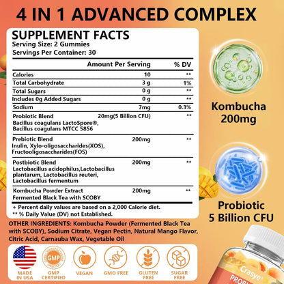 Crasye Probiotic Kombucha Gummies Sugar Free Prebiotic Postbiotic Probiotics Gummy for Women and Men Bloating Gut Health Immune and Digestive Support - 60 Gummies - 30 Servings CrasyeBuy Supplements Australia