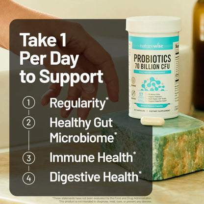 NatureWise Probiotics 70 Billion CFU - 17 Strains + Organic Prebiotics - Immune, Digestive & Gut Health Support for Women & Men - Vegetarian, Gluten-Free, Non-GMO - 30 Capsules[1-Month Supply] NatureWiseBuy Supplements Australia