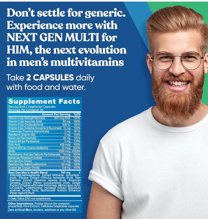 Next Gen Multi for Him Advanced Men’s Multivitamin Supplement - 26-in-1 Multiblend for Beard & Hair Growth, Men’s Reproductive Health, Metabolism, Heart, Skin,