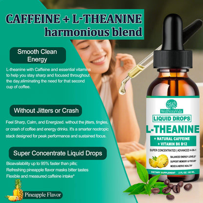 L Theanine Caffeine Liquid Drops, High Potency L-Theanine 100mg w. Caffeine Vitamin B12 B6, Natural Nootropic Brain for Smooth Energy Focus Alertness, 6X Stronger Than Pills Powder Gum WellVeraVidaBuy Supplements Australia