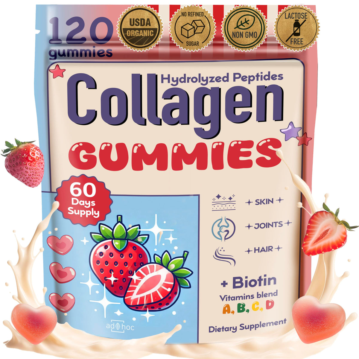 Collagen Peptides Gummies for Women – Biotin, Zinc, Vitamin D3 – 120 Count – Hydrolyzed Collagen Gummy Complex – Hair, Skin & Nails Support – Sugar-Free, Halal, Lactose-Free, Strawberry Cream Flavor ad hocBuy Supplements Australia