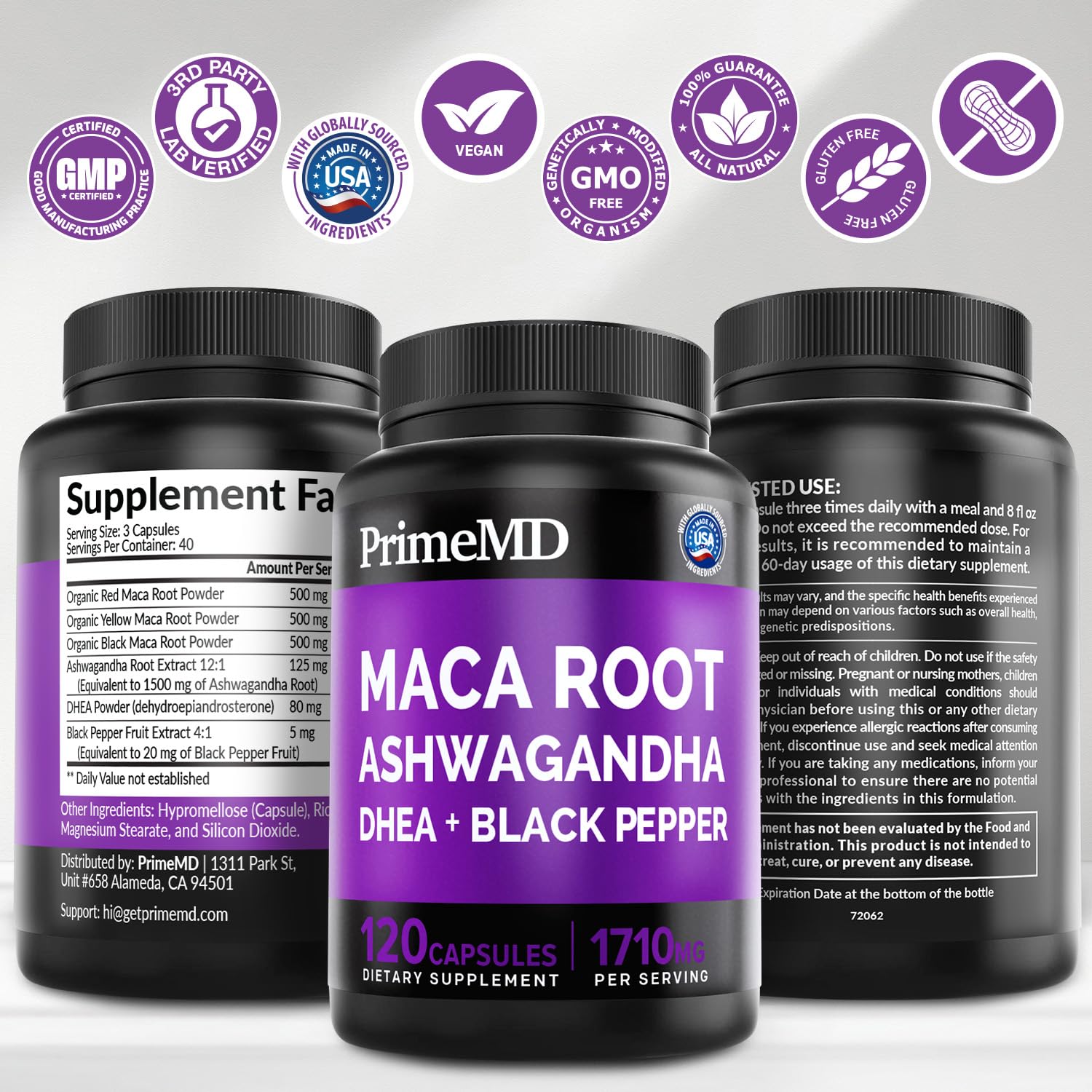 6-in-1 Organic Maca Root Ashwagandha Capsules 1710mg with DHEA and Black Pepper Fruit Extract for Women and Men - Black Maca Supplement for Stamina, Bone and Mood Support Supplement, 120ct (Pack of 3) PrimeMDBuy Supplements Australia