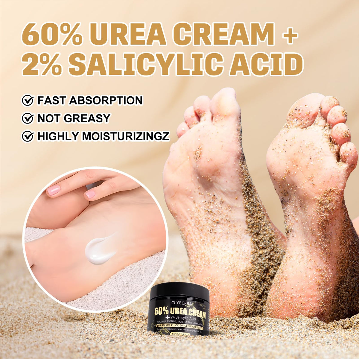 Clyecfra 60% Urea Cream with 2% Salicylic Acid, Urea Cream 60 Percent for Feet & Hands- Maximum Strength Moisturizer for Rough, Dry, Thick & Cracked Skin, Callus Remover, Deep Hydration, 150g Clyecfra buy supplements Au