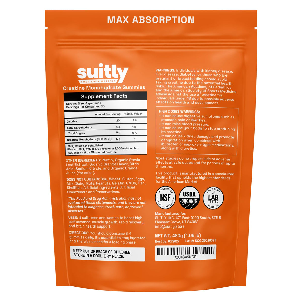 USDA Organic Ultra-Micronized Creatine Gummies for Men & Women; Orange Max Absorption 5g Creatine Gummies Sugar Free for Muscle Gain, Energy & Recovery; Muscle Builder for Women with Pouch - 120 Count SuitlyBuy Supplements Australia