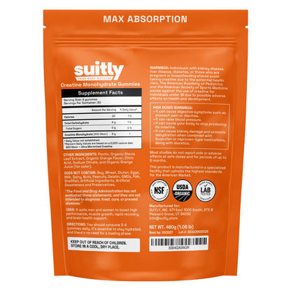 USDA Organic Ultra-Micronized Creatine Gummies for Men & Women; Orange Max Absorption 5g Creatine Gummies Sugar Free for Muscle Gain, Energy & Recovery; Muscle Builder for Women with Pouch - 120 Count SuitlyBuy Supplements Australia