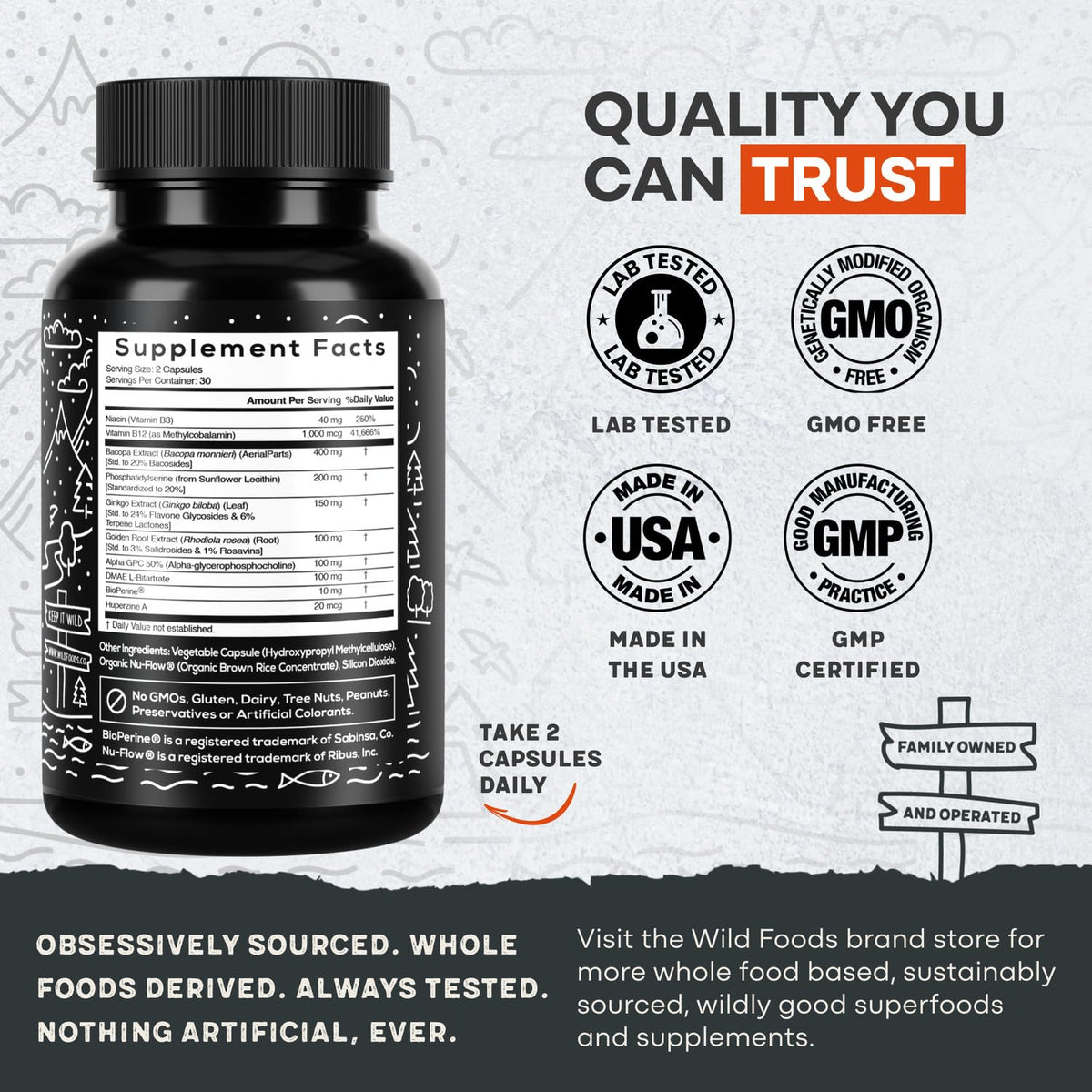 Wild Focus Brain Supplements | Caffeine-Free, Plant-Based Botanicals | Lions Mane, Ginkgo Biloba, Bacopa Monnieri, Lemon Balm | 100% Natural Nootropic | 60 caps Wild FoodsBuy Supplements Australia