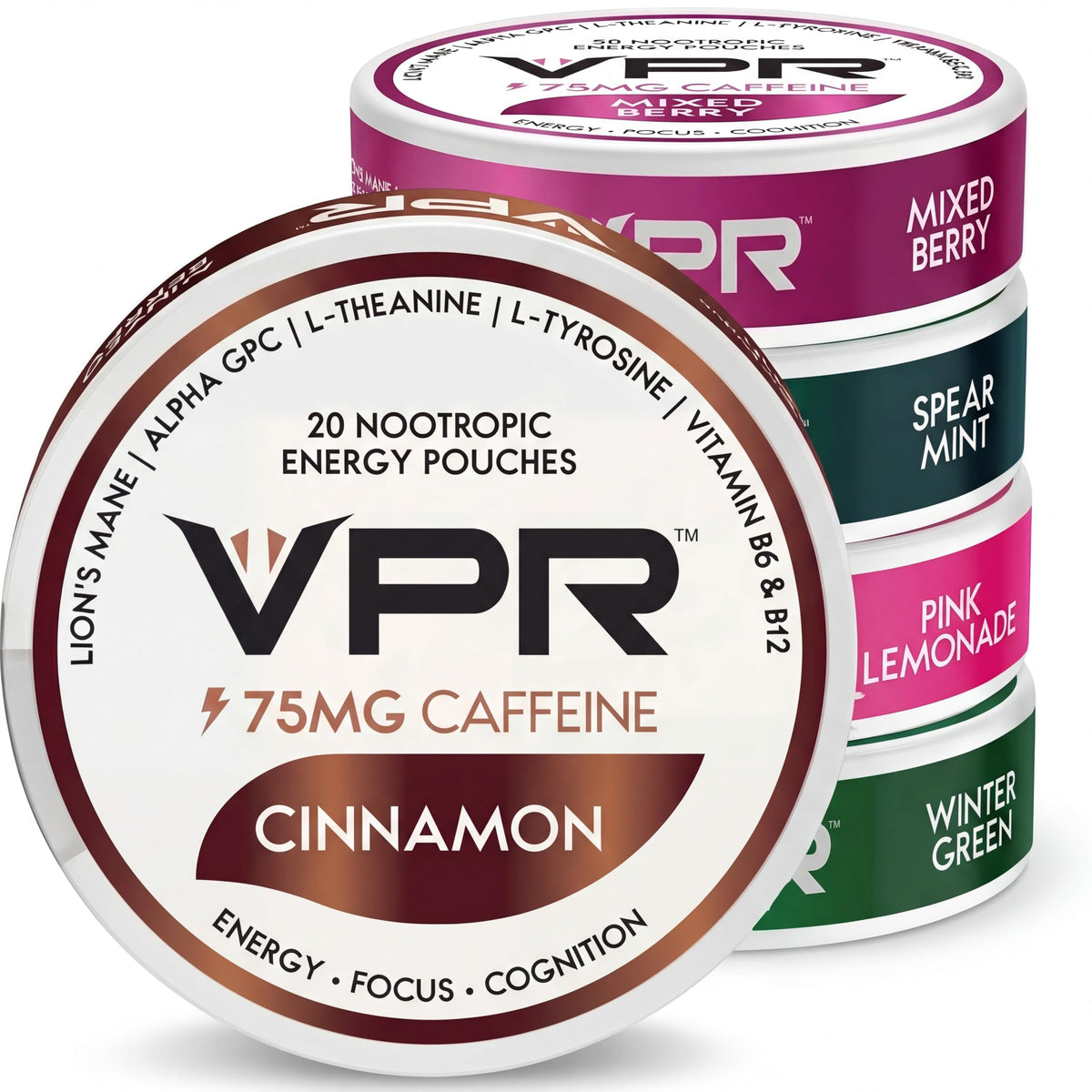 VPR 75MG Caffeine Nootropic Pouches | 20 Count Energy Pouches with Lion's Mane, Alpha-GPC, Vitamin B6 & B12, L-Theanine, and L-Tyrosine | Naturally Flavored Focus Pouches with No Sugar (Variety Pack) VPR EnergyBuy Supplements Australia