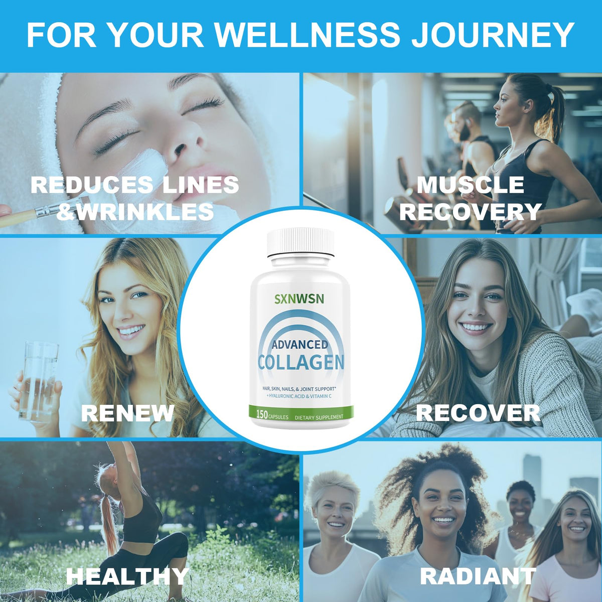 Advanced Multi Collagen Supplement with Vitamin C + Hyaluronic Acid - Hydrolyzed Collagen Peptides Supports for Skin, Joints & Hair* | Collagen Complex 150 Capsules for Women or Men SXNWSNBuy Supplements Australia