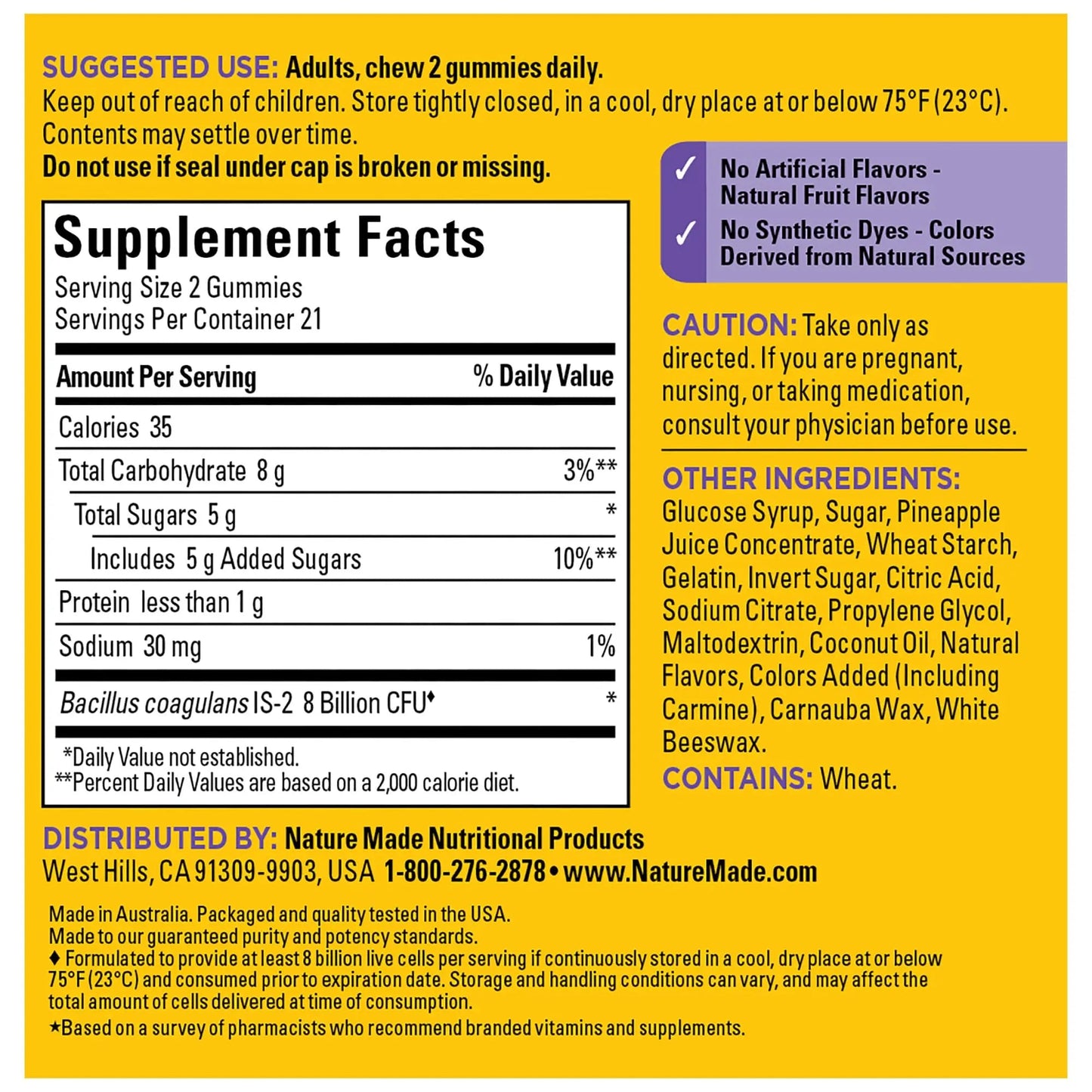 Nature Made Probiotics Extra Strength Dosage, Probiotics for Women and Men 8 Billion CFU per 2 Gummies, 42 Probiotic Gummies, 21 Day Supply Nature Made buy supplements Au