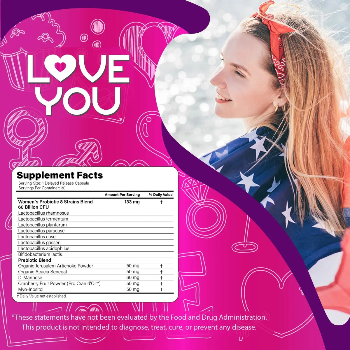 Love You Womens Probiotic, Ph Balance, Ut, Feminine, Vaginal Health Supplement, Digestive, Pre + Pro + Postbiotic, Delayed Release, 60 Billion Live CFU, 8-Strain Probiotic Blend, 30 Veg Caps Servings Love YouBuy Supplements Australia