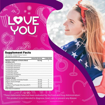 Love You Womens Probiotic, Ph Balance, Ut, Feminine, Vaginal Health Supplement, Digestive, Pre + Pro + Postbiotic, Delayed Release, 60 Billion Live CFU, 8-Strain Probiotic Blend, 30 Veg Caps Servings Love YouBuy Supplements Australia