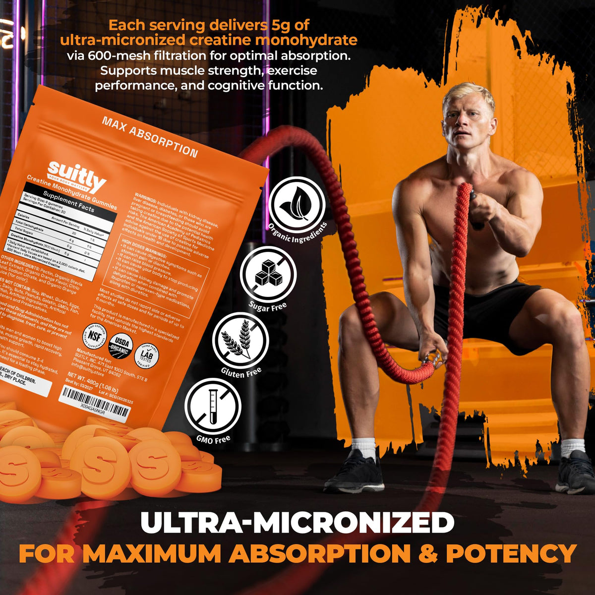 USDA Organic Ultra-Micronized Creatine Gummies for Men & Women; Orange Max Absorption 5g Creatine Gummies Sugar Free for Muscle Gain, Energy & Recovery; Muscle Builder for Women with Pouch - 120 Count SuitlyBuy Supplements Australia
