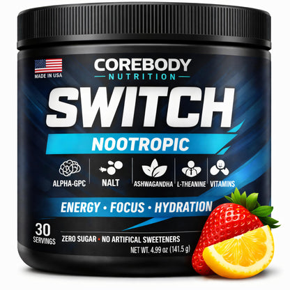Switch, Brain Boosting Nootropic Energy Supplement Powder - Made in USA - Alpha GPC, NALT, Ashwagandha, Sugar Free Energy, Keto, Increase Mental Focus & Cognitive Function, Enhances Mood & Memory CoreBody NutritionBuy Supplements Australia