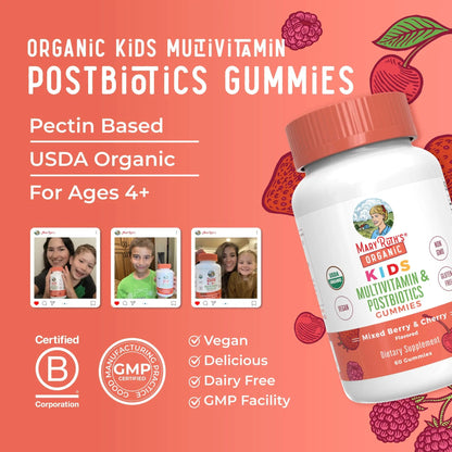 Kids Vitamins by MaryRuth's | USDA Organic | Multivitamin Gummies + Postbiotics for Ages 4+ | Multivitamin for Kids with Lactobacillus Rhamnosus | Children’s Vitamins | Vegan | Non-GMO | 60 Count MARYRUTH'SBuy Supplements Australia