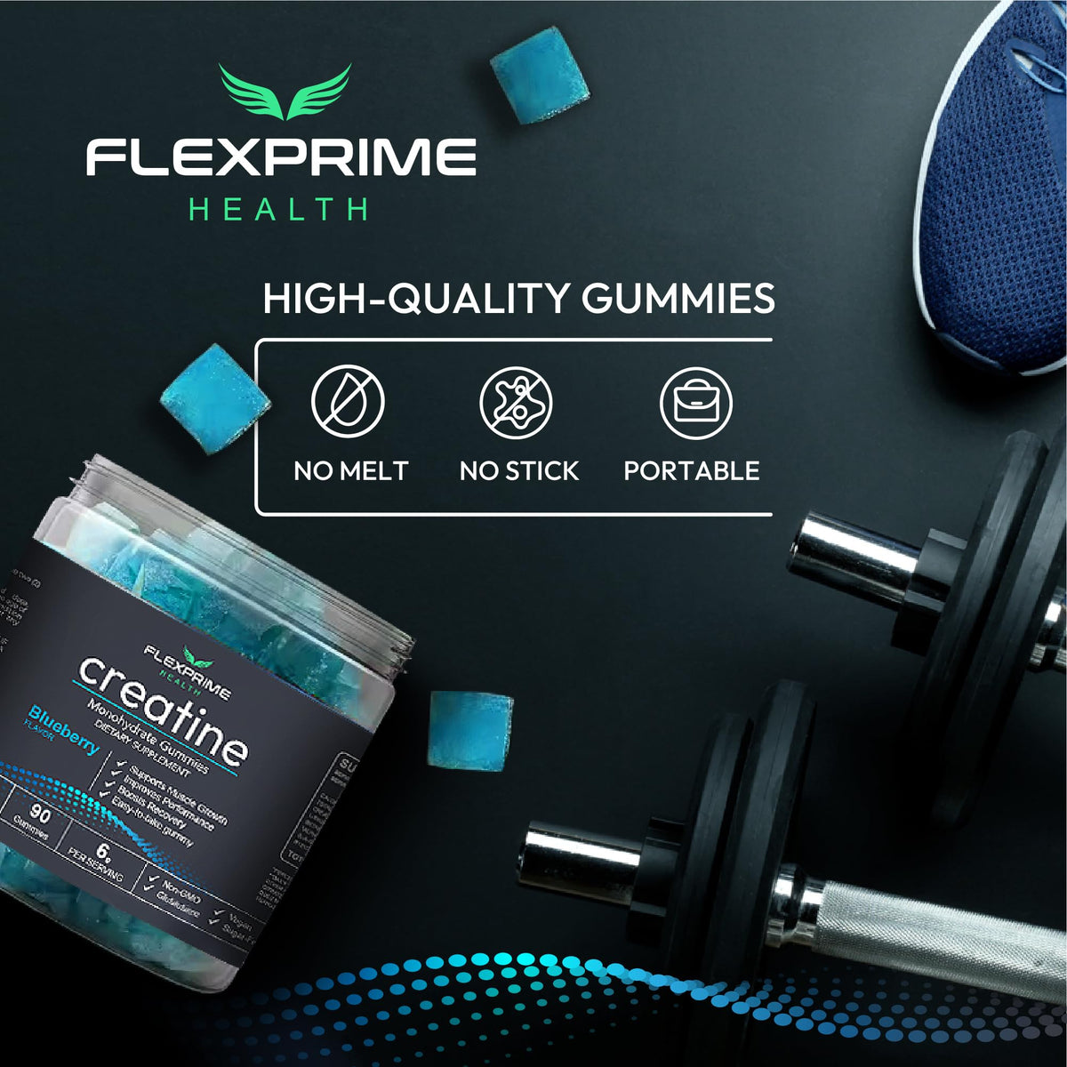 FlexPrime Creatine Gummies Sugar Free - 6g Creatine Monohydrate + L-Taurine, Alpha GPC, Betaine | Vegan Halal Blueberry Chews for Lean Muscle, Strength, Brain Health | Men Women 90 Count FlexPrimeBuy Supplements Australia