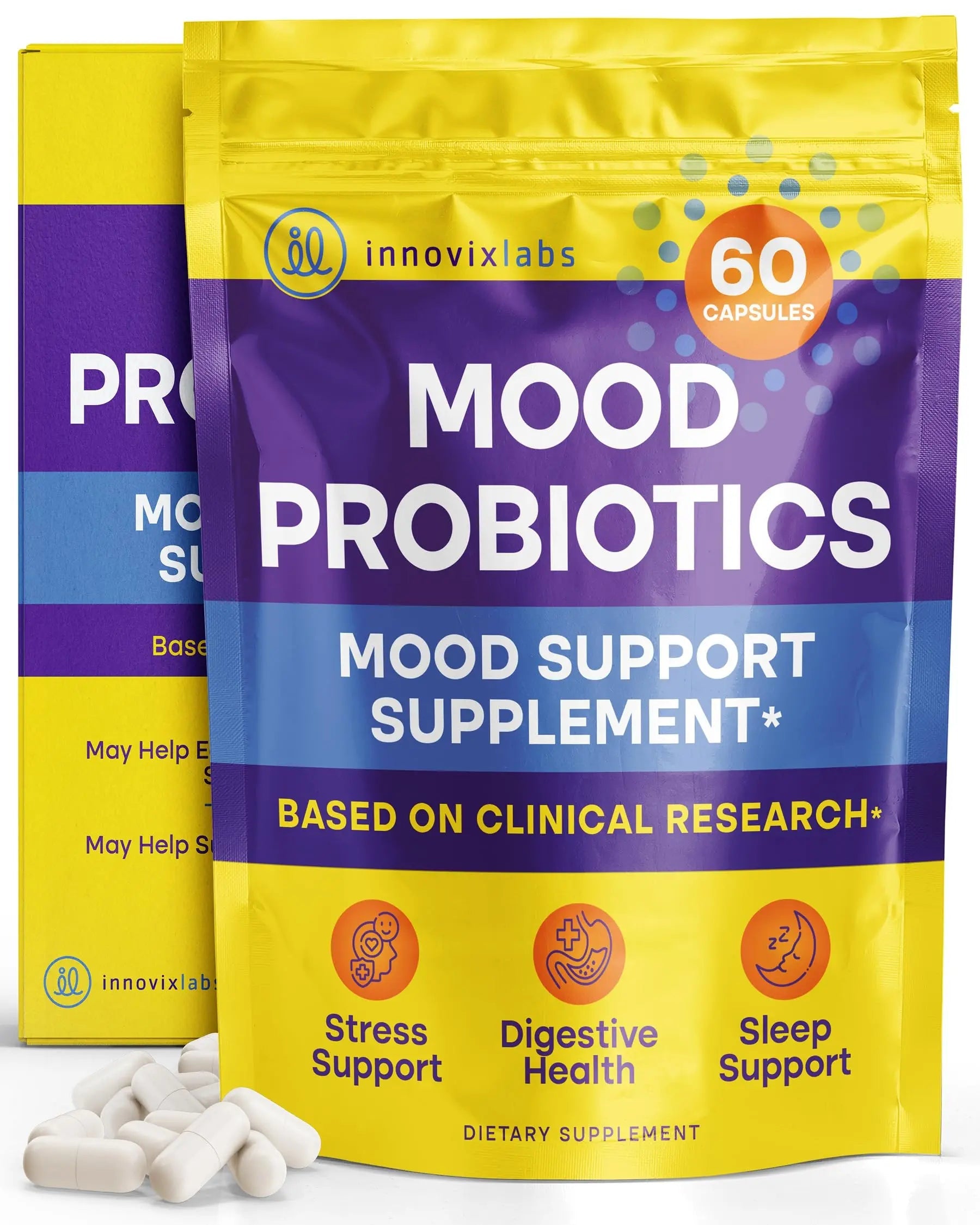 InnovixLabs Mood Probiotic for Women & Men, Clinically Studied Digestive & Mood Support Supplement, Lactobacillus helveticus Rosell-52ND & Bifidobacterium longum Rosell-175, 60 Capsules InnovixLabsBuy Supplements Australia