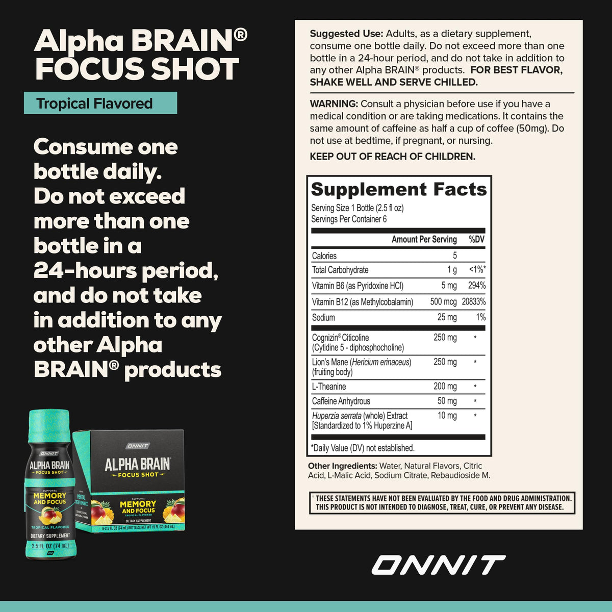 ONNIT Alpha Brain Focus Shot, Tropical Flavor, Nootropic Dietary Supplement Drink That Supports Energy, Focus, and Mood, IGEN™ Non-GMO Tested, 2.5 fl oz, 6 Count ONNITBuy Supplements Australia