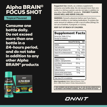 ONNIT Alpha Brain Focus Shot, Tropical Flavor, Nootropic Dietary Supplement Drink That Supports Energy, Focus, and Mood, IGEN™ Non-GMO Tested, 2.5 fl oz, 6 Count ONNITBuy Supplements Australia
