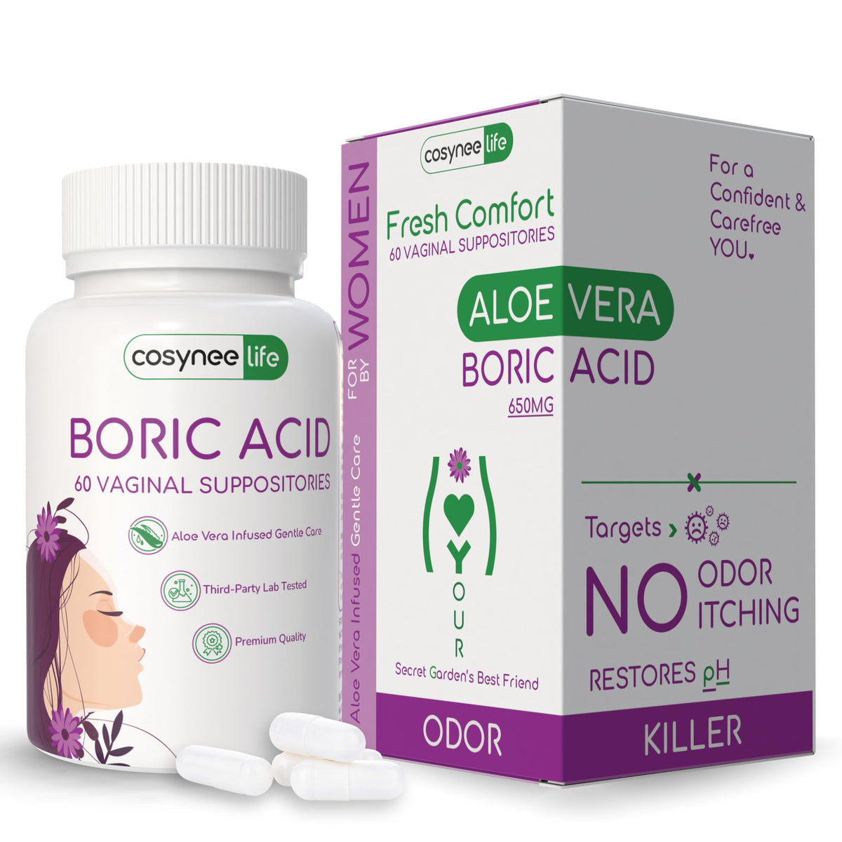 cosynee Boric Acid Capsules for Women with Aloe Vera – 60 Capsules, 650mg Each – Feminine Hygiene Support cosyneeBuy Supplements Australia