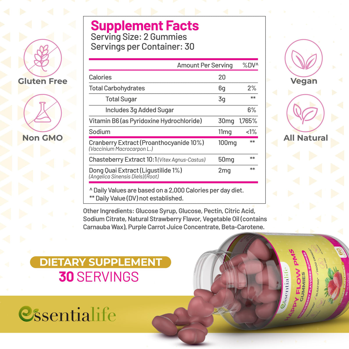 PMS Gummies - Happy Flow PMS Support Supplement for Women - Strawberry PMS Relief Supplement with Vitamin B6 for Hormone Balance, Period Support, Cramps, Hormonal Acne & Bloating Relief (60 Count) EssentialifeBuy Supplements Australia
