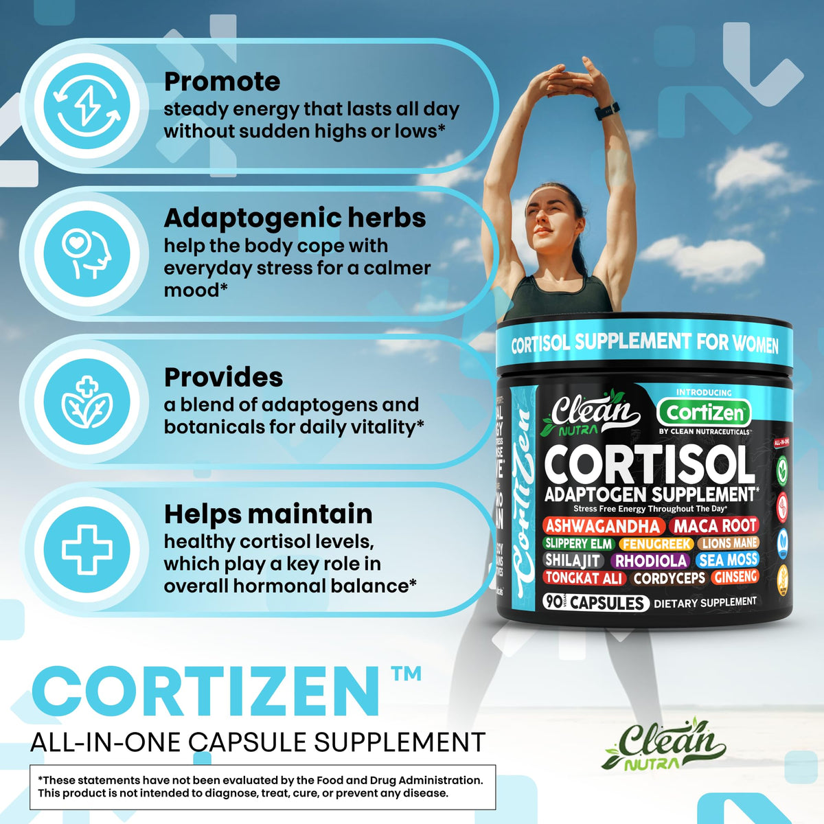 Clean Nutra Cortisol Supplements For Women | Maca Root Ashwagandha Cortisol Detox Manager Reducer + Slippery Elm Fenugreek Lions Mane Shilajit Rhodiola Sea Moss Tongkat Ali Cordyceps Ginseng Beet Root Clean NutraceuticalsBuy Supplements Australia