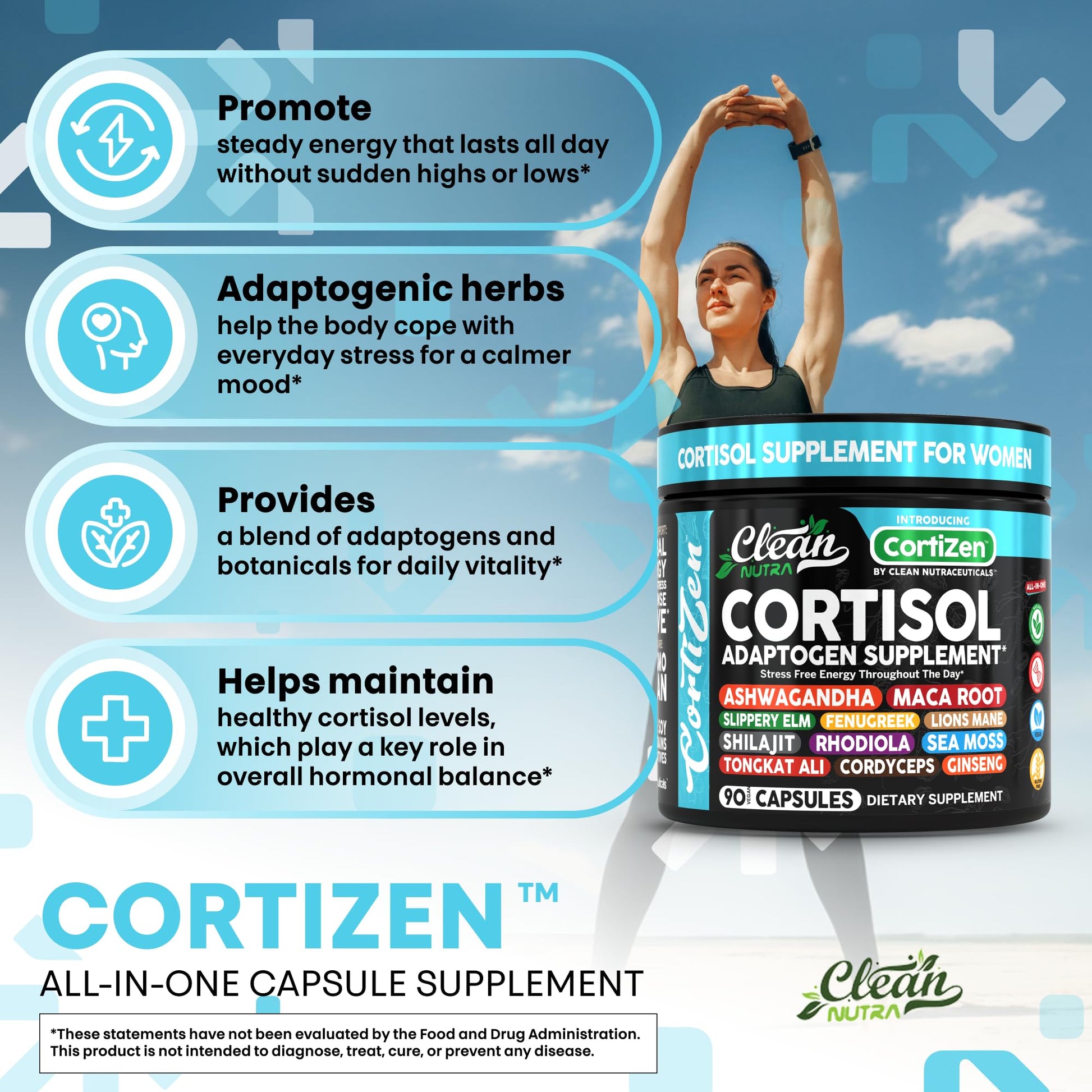 Clean Nutra Cortisol Supplements For Women | Maca Root Ashwagandha Cortisol Detox Manager Reducer + Slippery Elm Fenugreek Lions Mane Shilajit Rhodiola Sea Moss Tongkat Ali Cordyceps Ginseng Beet Root Clean NutraceuticalsBuy Supplements Australia