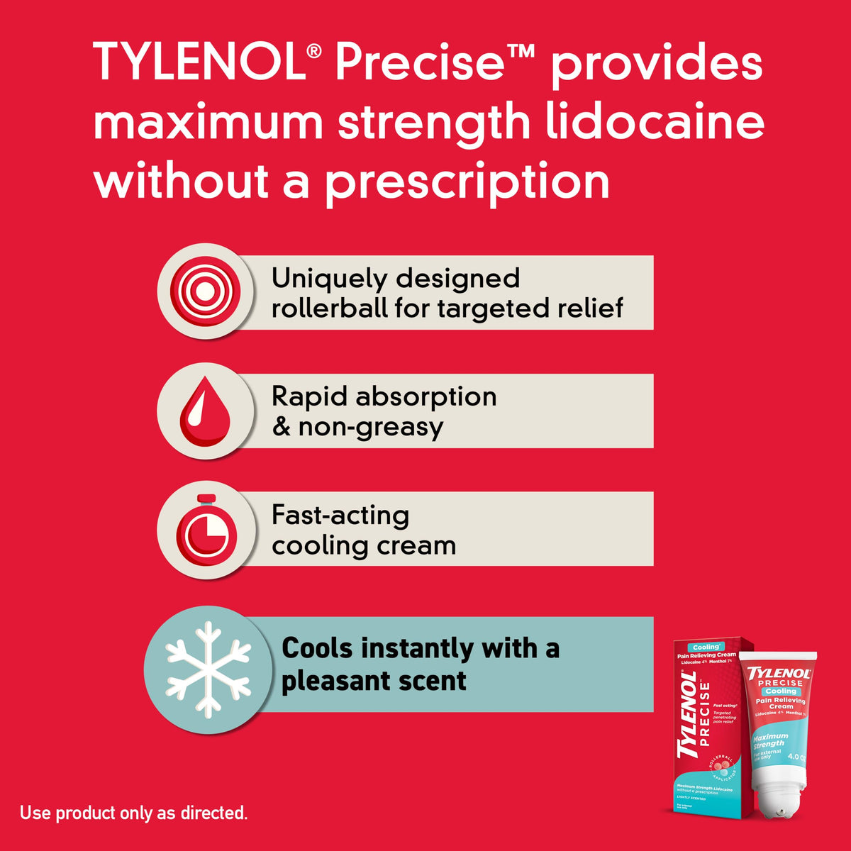Tylenol Precise Cream, Cooling Sensation Pain Relief, Roll‑On, Lidocaine 4%, Menthol 1%, Targeted Maximum OTC Strength Combination for Back, Muscle and Joint, Numbing Cream Rollerball Applicator, 4 oz Tylenol buy supplements Au