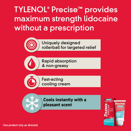 Tylenol Precise Cream, Cooling Sensation Pain Relief, Roll‑On, Lidocaine 4%, Menthol 1%, Targeted Maximum OTC Strength Combination for Back, Muscle and Joint, Numbing Cream Rollerball Applicator, 4 oz Tylenol buy supplements Au