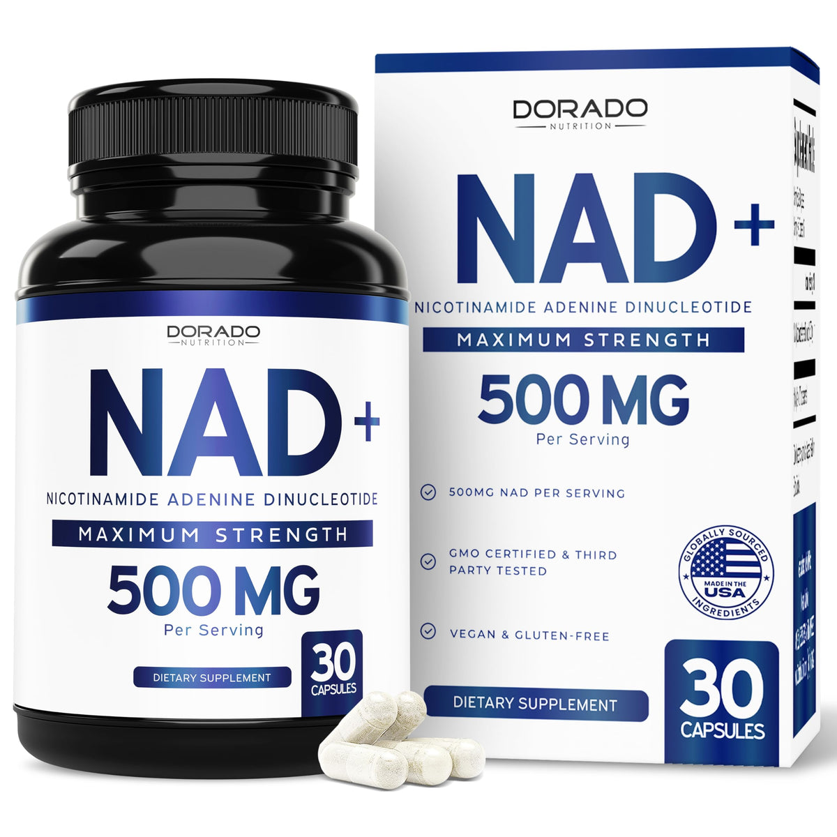 Dorado NAD+ supplement bottle and packaging on a white background