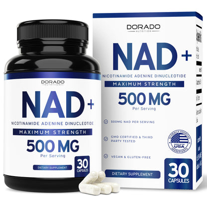 Dorado NAD+ supplement bottle and packaging on a white background