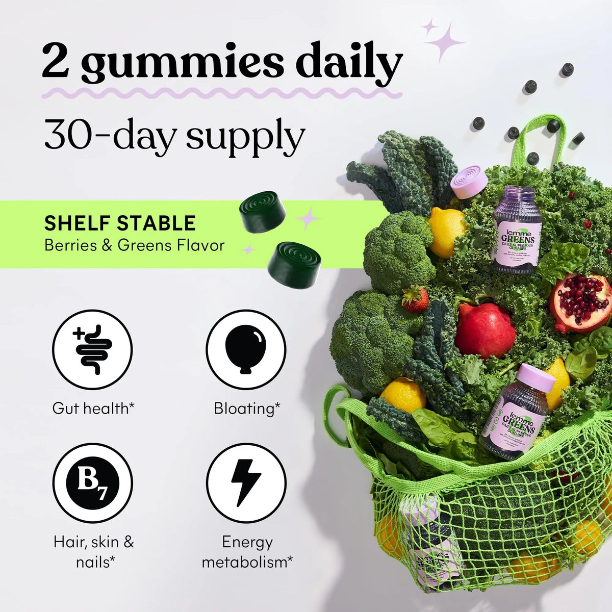 Lemme Greens Superfood Gummies w/Multi - Support Gut Health & Reduce Bloating, 20+ Organic Greens and Superfruits, Clinically Studied Probiotics, D3, B12 - Berries & Greens Flavored (60 Count) Lemme buy supplements Au