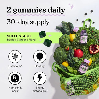 Lemme Greens Superfood Gummies w/Multi - Support Gut Health & Reduce Bloating, 20+ Organic Greens and Superfruits, Clinically Studied Probiotics, D3, B12 - Berries & Greens Flavored (60 Count) Lemme buy supplements Au