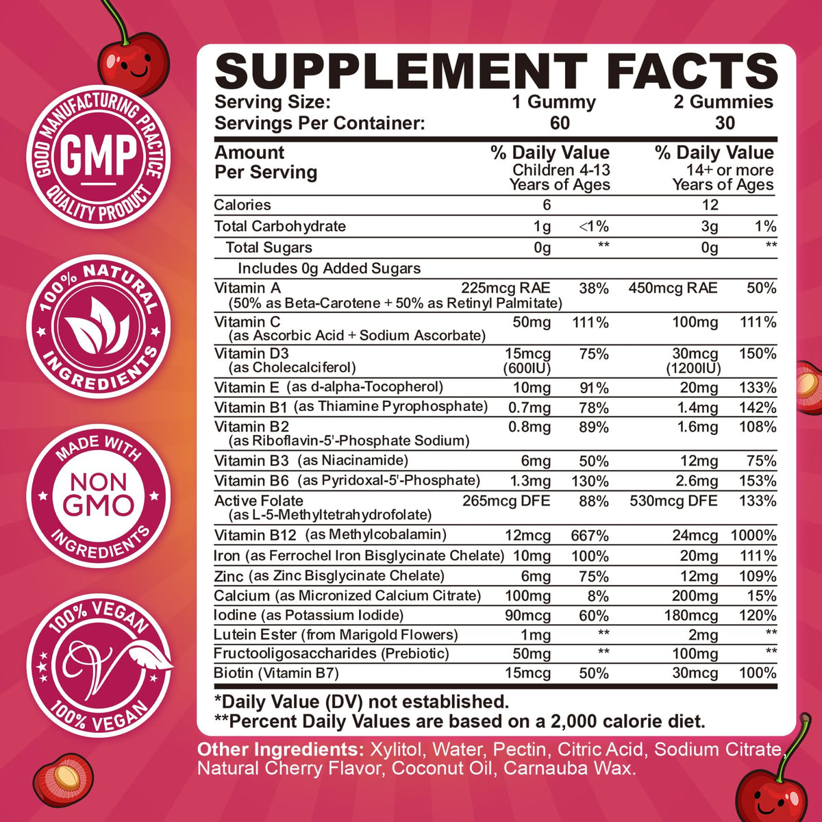Iron Gummies for Kids & Teens, Kids Multivitamin with Iron Supplement, Calcium, Folate, Zinc, Prebiotic - for Blood Builder & Energy Support, Iron Deficiency - Vegan & Non-GMO - 60 Count Cherry CFILIHTCBuy Supplements Australia