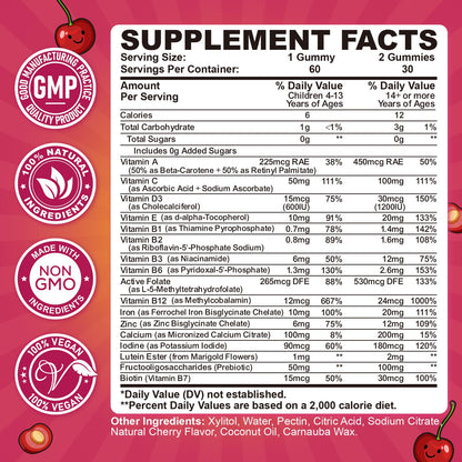 Iron Gummies for Kids & Teens, Kids Multivitamin with Iron Supplement, Calcium, Folate, Zinc, Prebiotic - for Blood Builder & Energy Support, Iron Deficiency - Vegan & Non-GMO - 60 Count Cherry CFILIHTCBuy Supplements Australia