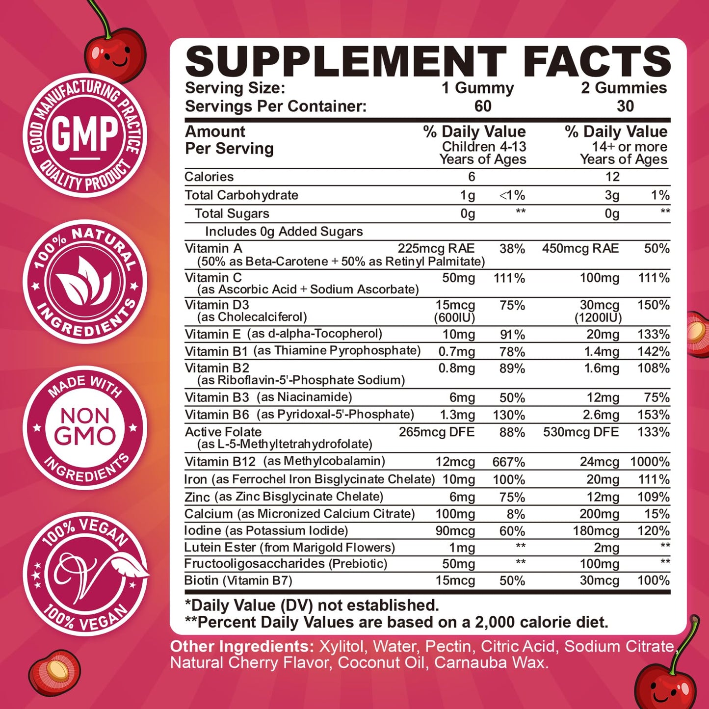 Iron Gummies for Kids & Teens, Kids Multivitamin with Iron Supplement, Calcium, Folate, Zinc, Prebiotic - for Blood Builder & Energy Support, Iron Deficiency - Vegan & Non-GMO - 60 Count Cherry CFILIHTCBuy Supplements Australia