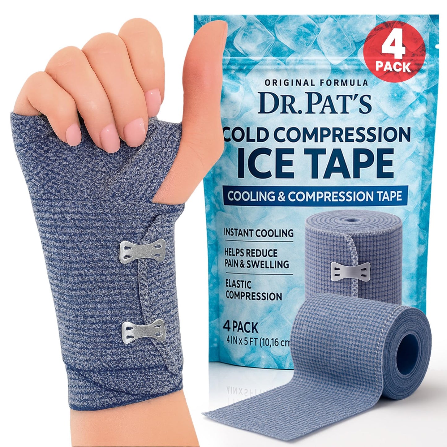 Dr Pat's Ice Tape (4 Pack) - Cooling Bandage Wrap Athletic Tape - Compression Instant Cold Compress Wrap with Menthol - Elastic, Athletic for Sore Muscles, Pain Relief Now, Swelling, Recovery, Sports Dr. Pat's buy supplements Au