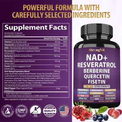 NAD Resveratrol Supplement with Berberine, Quercetin, CoQ10. Anti-Aging Formula for Women & Men. Liposomal NAD Plus, NAD+ Booster, Pure Organic Vitamin, USA StrongVitBuy Supplements Australia