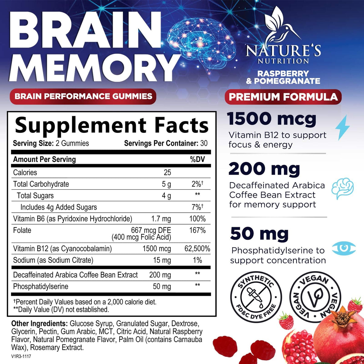 Brain Supplements for Memory & Focus Gummies - Brain Health Clarity with B6 B12 & Phosphatidylserine - Natural Nootropics Cognitive Concentration & Alertness Support Vitamins - 60 Vegan Gummies Nature's NutritionBuy Supplements Australia
