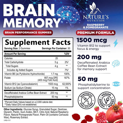 Brain Supplements for Memory & Focus Gummies - Brain Health Clarity with B6 B12 & Phosphatidylserine - Natural Nootropics Cognitive Concentration & Alertness Support Vitamins - 60 Vegan Gummies Nature's NutritionBuy Supplements Australia