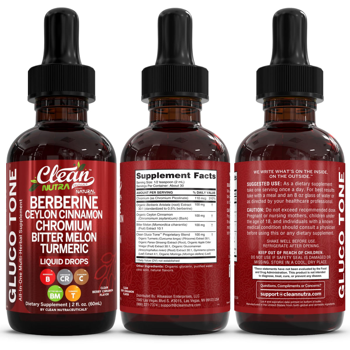 Clean Nutra Berberine with Ceylon Cinnamon Supplement Liquid Drops + Bitter Melon Extract, Glucomannan, Gymnema, Chromium