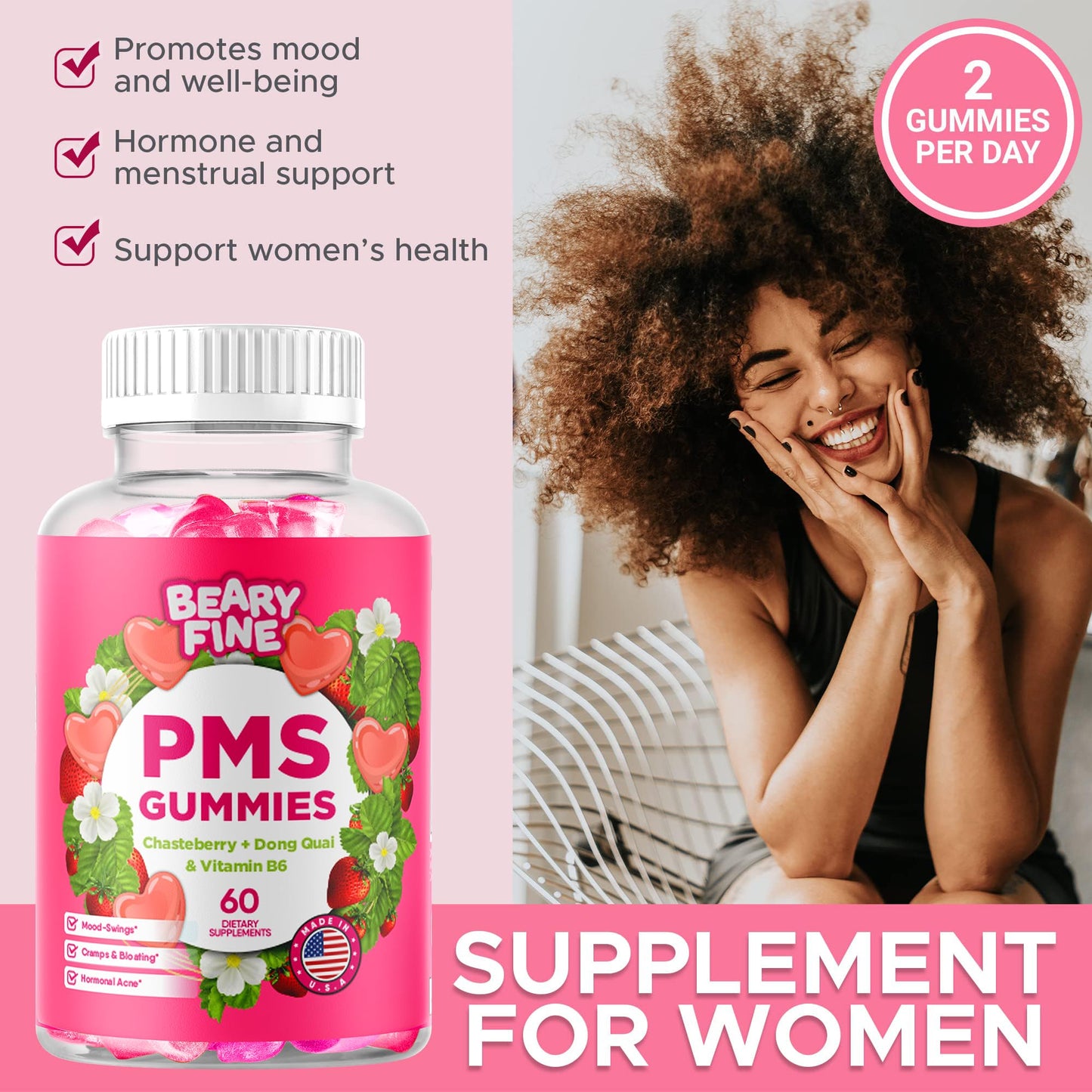 Beary Fine PMS Gummies - PMS Vitamins for Women & Teens - PMS Period Relief - Cramping, Bloating, Mood Swings - Made in The USA (Strawberry, 60 Count) Beary FineBuy Supplements Australia