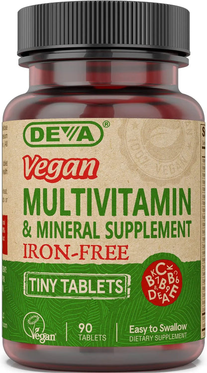 DEVA Vegan Iron-Free Multivitamin & Mineral Supplement, Vitamin C, D2, E & B-Complex, Biotin, 90 Tiny Tablets DEVA