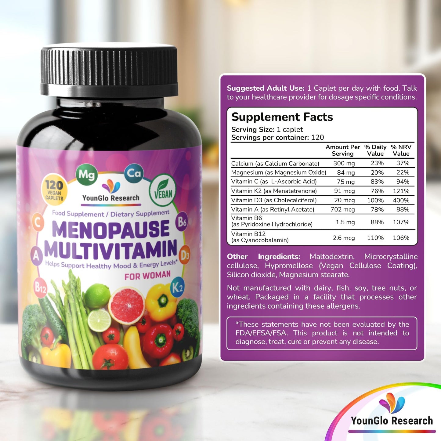 YounGlo Research Menopause Supplement - 120 Vegan Caplets - Menopause & Perimenopause Relief Support - Food and Dietary Vitamins - Multivitamin for Women YounGlo ResearchBuy Supplements Australia
