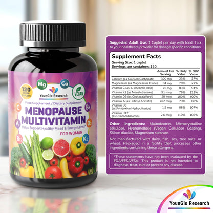 YounGlo Research Menopause Supplement - 120 Vegan Caplets - Menopause & Perimenopause Relief Support - Food and Dietary Vitamins - Multivitamin for Women YounGlo ResearchBuy Supplements Australia