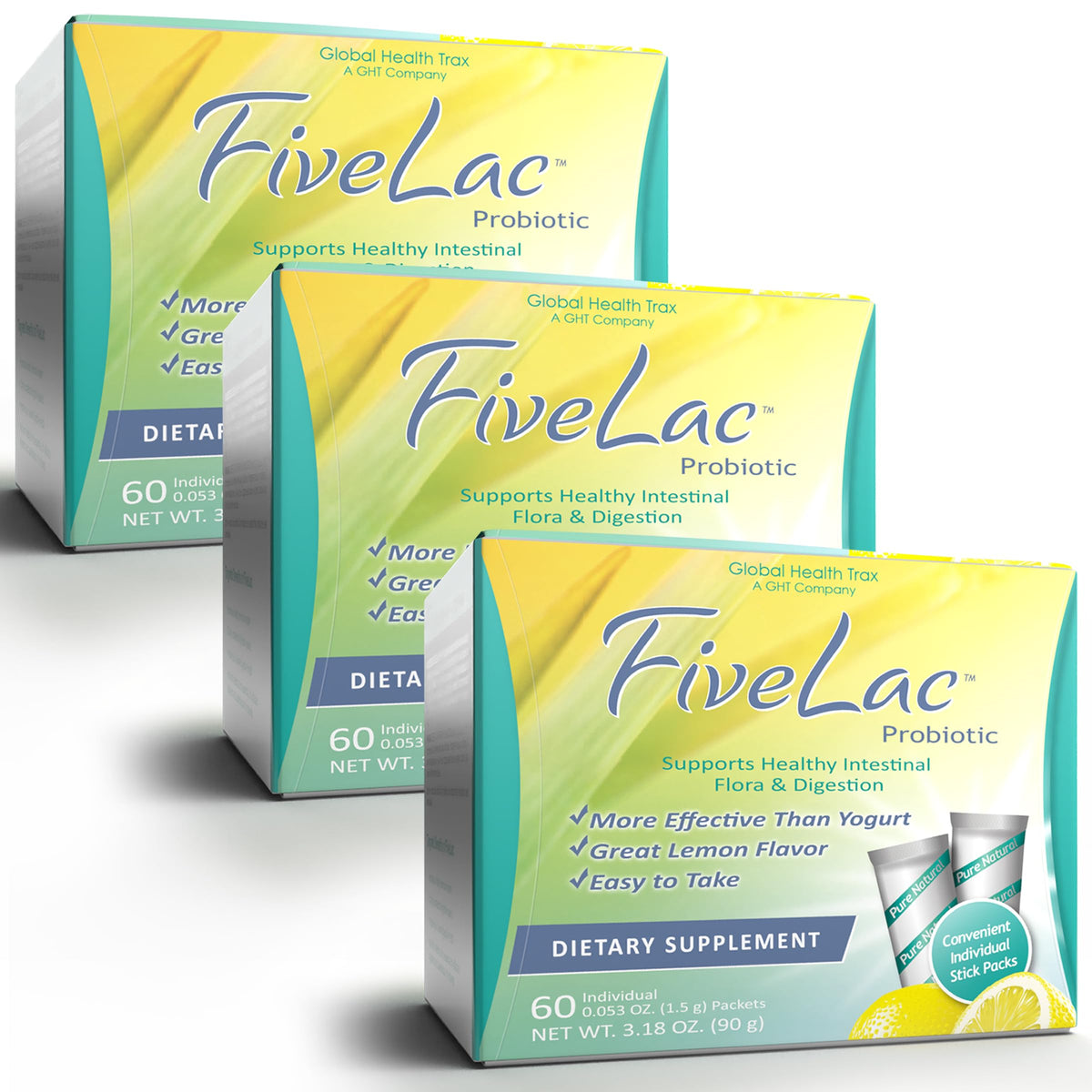 GHT - FiveLac Lemon Probiotic Powder Drink Mix, Probiotics for Women, Men, and Kids - Smooth Digestive Support and Elimination - Relieves Occasional Constipation and Gas - 60 Packets (3 Pack) Non-GMO ght Global Health TraxBuy Supplements Australia