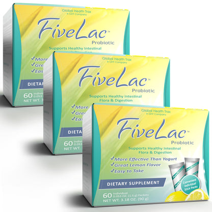 GHT - FiveLac Lemon Probiotic Powder Drink Mix, Probiotics for Women, Men, and Kids - Smooth Digestive Support and Elimination - Relieves Occasional Constipation and Gas - 60 Packets (3 Pack) Non-GMO ght Global Health TraxBuy Supplements Australia
